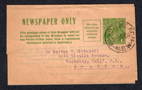 AUSTRALIA - 1934 - POSTAL STATIONERY: 1d green postal stationery newspaper wrapper on thin buff paper (H&G E15) used with fine BONDI BEACH N.S.W. cds. Addressed to USA.  (AUS/17735)