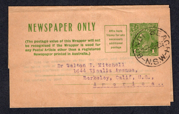 AUSTRALIA - 1934 - POSTAL STATIONERY: 1d green postal stationery newspaper wrapper on thin buff paper (H&G E15) used with fine BONDI BEACH N.S.W. cds. Addressed to USA.  (AUS/17735)