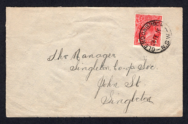 AUSTRALIA - 1916 - CANCELLATION: Cover franked with single 1914 1d carmine red 'GV Head' issue (SG 21c) tied by GLENDONBROOK N.S.W. cds. Addressed internally to SINGLETON.  (AUS/17740)
