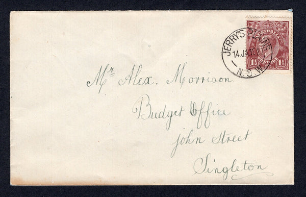 AUSTRALIA - 1920 - CANCELLATION: Cover franked with single 1918 1½d chocolate 'GV Head' issue (SG 59a) tied by JERRY'S PLAINS N.S.W. cds. Addressed internally to SINGLETON.  (AUS/17743)