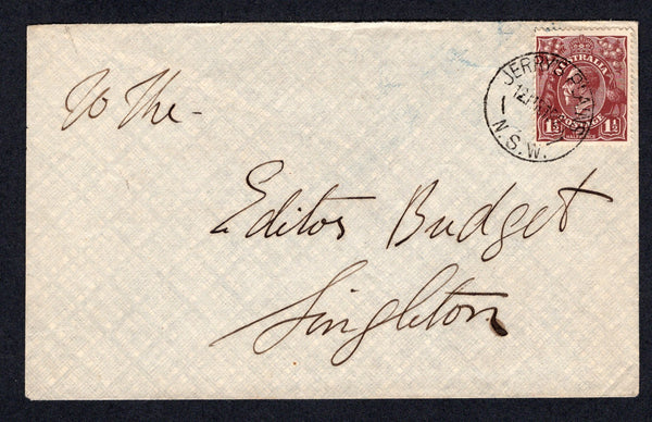 AUSTRALIA - 1920 - CANCELLATION: Cover franked with single 1918 1½d chocolate 'GV Head' issue (SG 59a) tied by JERRY'S PLAINS N.S.W. cds. Addressed internally to SINGLETON.  (AUS/17744)