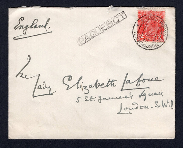 AUSTRALIA - 1936 - MARITIME MAIL & CANCELLATION: Cover with 'Orient Line' imprint on flap franked with 1931 2d golden scarlet 'GV Head' issue (SG 127) tied by Italian NAPOLI PORTO CORRISPONDENZIE cds with boxed straight line PAQUEBOT marking alongside. Addressed to UK.  (AUS/17747)