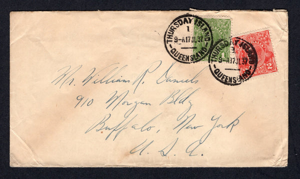 AUSTRALIA - 1937 - CANCELLATION & ISLAND MAIL: Cover with printed 'James H. Daniels Aboard the "Yankee"' on flap franked with 1931 1d green and 2d golden scarlet 'GV Head' issue (SG 125 & 127) tied by two strikes of THURSDAY ISLAND 1 cds. Addressed to USA.  (AUS/17753)