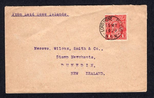 AUSTRALIA - 1929 - CANCELLATION & ISLAND MAIL: Cover with typed 'From Lord Howe Island' at top left franked with 1916 1d deep red 'GV Head' issue (SG 47a) tied by very fine LORD HOWE ISLAND N.S.W. cds dated 15 MAY 1929. Addressed to NEW ZEALAND. A superb item.  (AUS/17756)