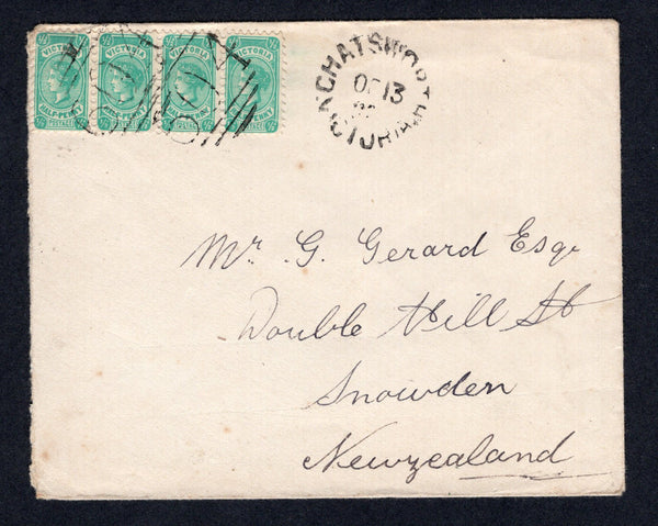 AUSTRALIAN STATES - VICTORIA  -  1902  -  CANCELLATION & BANTAM ISSUE: Cover franked strip of four 1901 ½d blue green 'Bantam' issue (SG 384) tied by two strikes of large '604 Numeral cancel with CHATSWORTH cds alongside.  Addressed to SNOWDEN, NEW ZEALAND with WICKLIFFE VICTORIA & New Zealand RPO DN - 6 travelling PO transit cds's & also feint CHRISTCHURCH cds all on reverse.  (AUS/177)