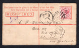 AUSTRALIAN STATES - VICTORIA  -  1892  -  POSTAL STATIONERY & REGISTRATION: 3d carmine Postal Stationery Registered envelope (H&G C7) used with added 1886 4d rose red (SG 316) tied by barred numeral '2' cancel with GEELONG cds alongside.  Addressed to NEW ZEALAND with MELBOURNE REGISTRATION transit cds's & CHRISTCHURCH N.Z. arrival cds. Scarce.  (AUS/178)