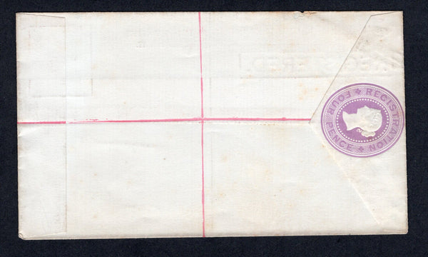 AUSTRALIAN STATES - VICTORIA  -  1881  -  POSTAL STATIONERY: 4d lilac on white LAID paper Postal Stationery Registered envelope (H&G C1) with text in carmine, fine unused.  (AUS/189)