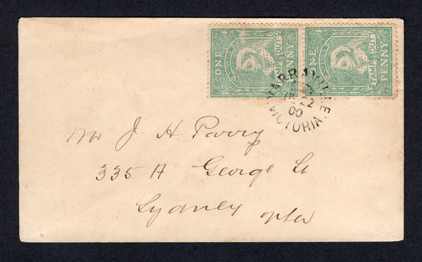 AUSTRALIAN STATES - VICTORIA - 1900 - STAMP DUTY ISSUE: Cover franked with pair 1884 1d blue green 'Stamp Duty' issue (SG 235) tied by good strike of YARRAVILLE cds dated DEC 22 1900. Addressed internally to SYDNEY with arrival cds on reverse. Some perfs with light tones. A rare issue on cover.  (AUS/23774)