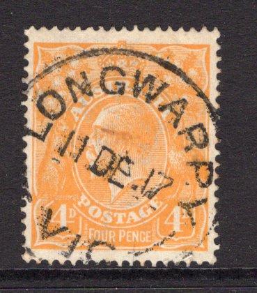 AUSTRALIA - 1914 - CANCELLATION: 4d pale orange yellow 'GV Head' issue used with fine strike of LONGWARRY VIC cds dated 11 DEC 1917. (SG 22c)  (AUS/23842)