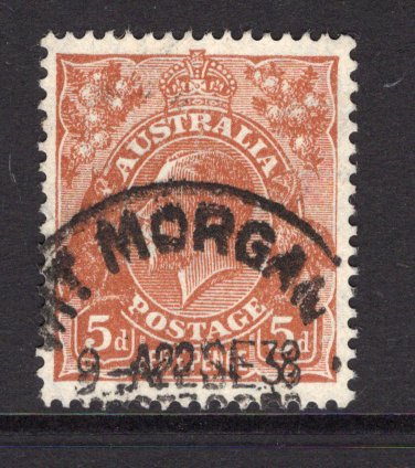 AUSTRALIA - 1931 - CANCELLATION: 5d orange brown 'GV Head' issue used with fine strike of MT MORGAN QUEENSLAND cds dated 22 SEP 1938. (SG 130)  (AUS/23894)
