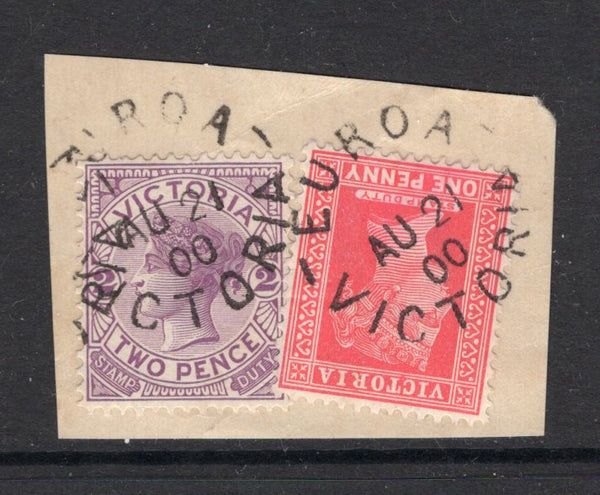 AUSTRALIAN STATES - VICTORIA - 1900 - VICTORIA - CANCELLATION: 1d rosine and 2d violet QV issue tied on piece by two fine strikes of EUROA cds dated AUG 21 1900. (SG 357a & 359)  (AUS/24430)