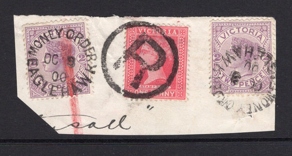 AUSTRALIAN STATES - VICTORIA - 1900 - CANCELLATION: 1d rosine and 2 x 2d violet QV issue tied on piece by two fine strikes of MONEY ORDER EAGLEHAWK cds dated OCT 9 1900 with large 'R' in circle cancel also tying one stamp. (SG 357a & 359)  (AUS/24431)