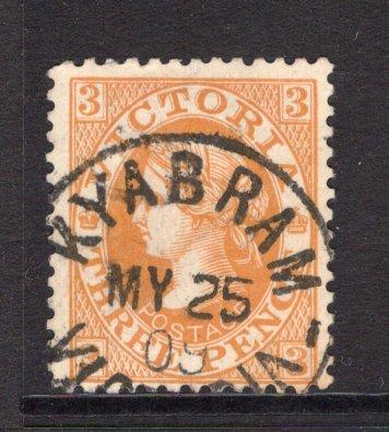 AUSTRALIAN STATES - VICTORIA - 1905 - CANCELLATION: 3d yellow orange QV issue used with fine strike of KYABRAM cds dated MAY 25 1909. (SG 420a)  (AUS/24434)