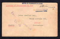AUSTRALIA - 1939 - PRISONER OF WAR MAIL: Stampless cover with 'Lucas Mueller, Internment Camp, Anzac Rifle Range, Liverpool, N.S.W. Australia' typed return address on reverse and 'SERVICE DE PRISONNIERS DE GUERRE' handstamp on front at top. Addressed to BRAZIL with three line 'A I Stephen Lieutenant, Assistant Adjutant, Internment Camp' handstamp on front along with 'PASSED BY CENSOR S.4' marking. Brazilian arrival cds on reverse. A scarce item.  (AUS/26215)