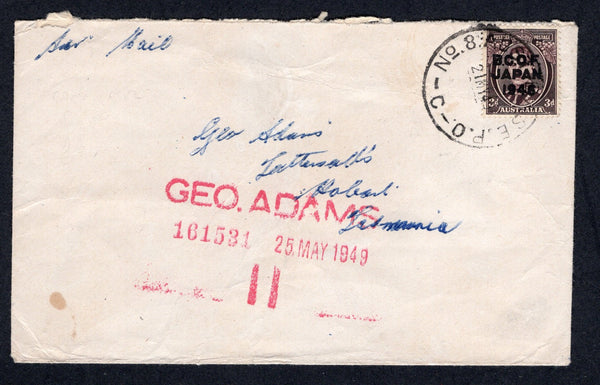AUSTRALIA - B.C.O.F. JAPAN - 1946 - B.C.O.F. JAPAN - CANCELLATION: Cover franked with 1946 3d purple brown 'GVI' issue with 'B.C.O.F. JAPAN 1946' overprint (SG J3) tied by AUST BASE P.O. NO. 8 C cds dated 21 MAY 1949 located at KURE Royal Navy Barracks, JAPAN. Sent airmail to AUSTRALIA.  (AUS/26216)