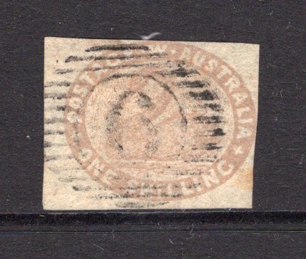 AUSTRALIAN STATES - WESTERN AUSTRALIA - 1854 - CLASSIC ISSUES: 1/- pale brown 'Swan' issue a superb four margin copy used with neat 'Numeral 6' cancel of ALBANY. (SG 4c)  (AUS/2628)