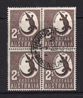 AUSTRALIA - 1948 - CANCELLATION & ISLAND MAIL: 2/- chocolate without watermark, a fine block of four used with central strike of THURSDAY ISLAND 2 cds dated 2 DEC 1957. (SG 224f)  (AUS/27255)
