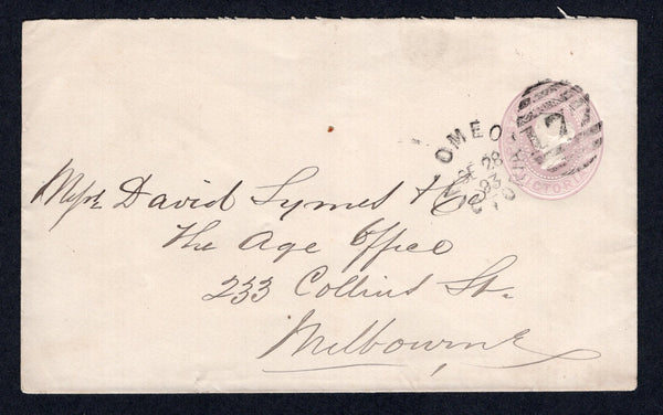 AUSTRALIAN STATES - VICTORIA - 1893 - POSTAL STATIONERY & CANCELLATION: 2d violet QV postal stationery envelope (H&G B9) used with good strike of OMEO '177' numeral duplex cancel dated SEP 28 1893. Addressed to MELBOURNE.  (AUS/27755)