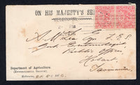 AUSTRALIAN STATES - VICTORIA - 1906 - OFFICIAL MAIL: Printed 'ON HIS MAJESTY'S SERVICE Department of Agriculture (Entomological Branch)' official envelope franked with pair 1905 1d rose red QV issue with 'O.S.' PERFINS (SG 417) tied by MELBOURNE roller cancel. Addressed to TASMANIA with arrival cds on reverse.  (AUS/27762)