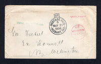AUSTRALIAN STATES - TASMANIA - 1899 - CANCELLATION: Stampless cover with fine strike of POSTAGE PAID 1D HOBART. TAS cds dated MAY 31 1899. Addressed to NEW ZEALAND with WELLINGTON arrival cds in red on front. Unclaimed with straight line 'UNCLAIMED' in red and 'GONE - NO ADDRESS' in green all on front.  (AUS/34554)