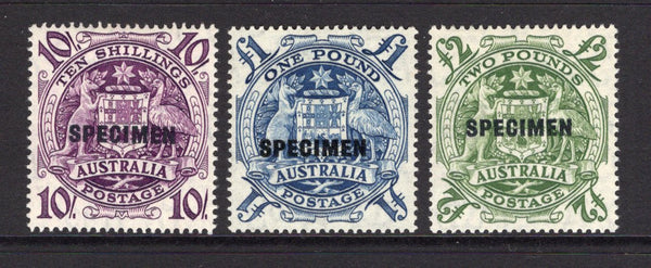 AUSTRALIA - 1948 - SPECIMENS: !0/- purple, £1 blue and £2 green 'Arms' issue. The set of three with 'SPECIMEN' overprint in black, very fine and unmounted. (SG 224bs/224ds)  (AUS/34606)