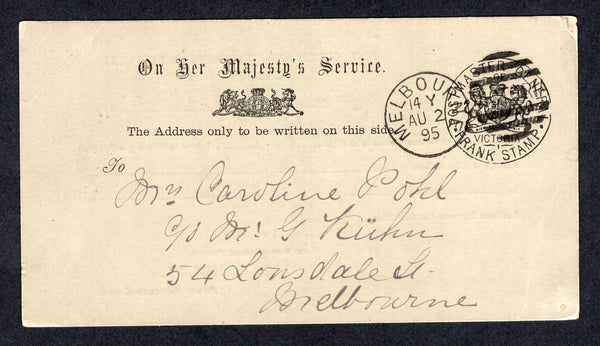 AUSTRALIAN STATES - VICTORIA - 1895 - OFFICIAL MAIL & POSTAL STATIONERY: Headed 'On Her Majesty's Service' Official FRANK STAMP postcard inscribed 'POSTMASTER GENERAL' (H&G KF24 - 20) used with fine MELBOURNE cds dated AUG 2 1895. Addressed locally within MELBOURNE.  (AUS/35898)