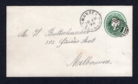 AUSTRALIAN STATES - TASMANIA - 1895 - POSTAL STATIONERY & CANCELLATION: 2d green on white QV postal stationery envelope (H&G B1) used with fine strike of barred numeral '94' with SWANSEA cds dated 10 JUN 1895 alongside. Addressed to MELBOURNE with LAUNCESTON transit cds and MELBOURNE arrival cds on reverse.  (AUS/37416)