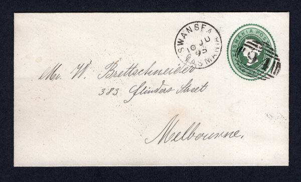 AUSTRALIAN STATES - TASMANIA - 1895 - POSTAL STATIONERY & CANCELLATION: 2d green on white QV postal stationery envelope (H&G B1) used with fine strike of barred numeral '94' with SWANSEA cds dated 10 JUN 1895 alongside. Addressed to MELBOURNE with LAUNCESTON transit cds and MELBOURNE arrival cds on reverse.  (AUS/37416)