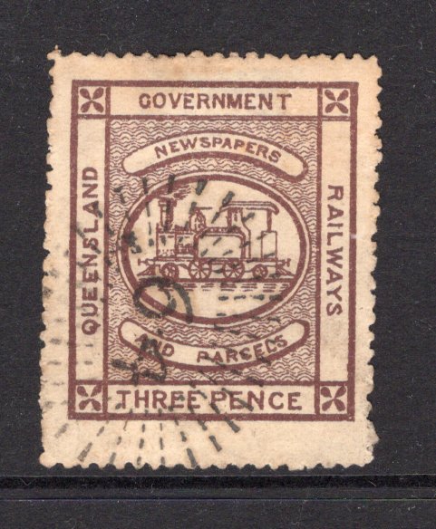AUSTRALIAN STATES - QUEENSLAND - 1890 - NEWSPAPER ISSUES: Circa 1890. 3d brown TRAIN 'Newspaper' issue a fine used copy with NUMERAL '64' cancel in black.  (AUS/3761)