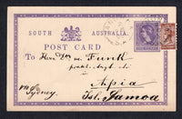 AUSTRALIAN STATES - SOUTH AUSTRALIA - 1893 - CANCELLATION & DESTINATION: 1d violet on light buff postal stationery card (H&G 1) used with added 1883 ½d chocolate QV issue (SG 182) tied by two strikes of TANUNDA cds dated AP 6 1893. Addressed to APIA, SAMOA with G.P.O. ADELAIDE transit cds on reverse. A rare destination at this date.  (AUS/38741)