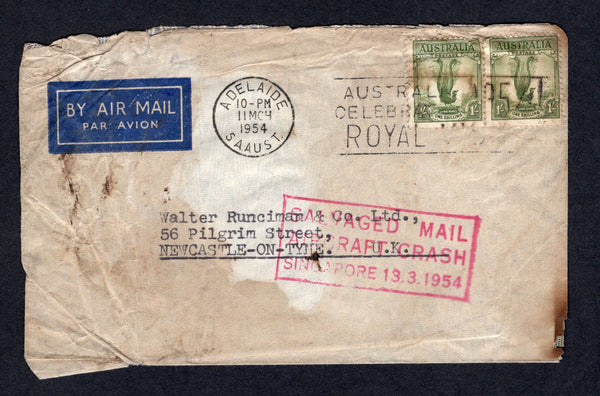 AUSTRALIA - 1954 - CRASH MAIL: Damaged airmail cover franked with pair 1937 1/- grey green (SG 192) tied by ADELAIDE cds dated 11 MCH 1954. Flown on the BOAC Lockheed 749A Constellation "Belfast" from Australia to the UK which crashed on landing at Kallang airport in Singapore on 13th March 1954 killing 2 crew members and 31 passengers. The cover has a good strike of the boxed 'SALVAGED MAIL AIRCRAFT CRASH SINGAPORE 13.3.1954' cachet in red on front. Addressed to NEWCASTLE UPON TYNE, UK. (Nierinck #540313)