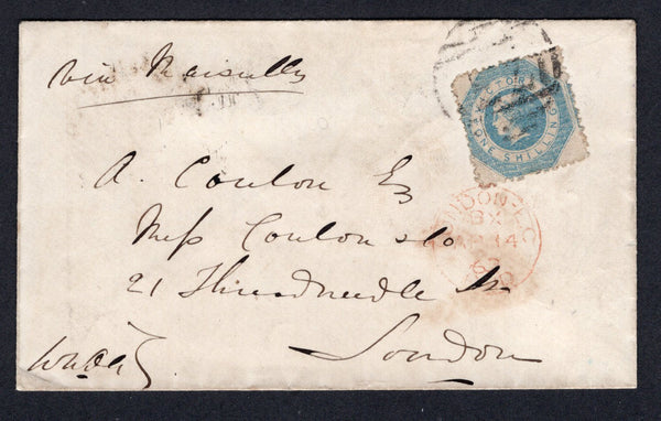 AUSTRALIAN STATES - VICTORIA - 1862 - QV ISSUE: Cover franked with single 1859 1/- blue QV issue (SG 81) tied by fair strike of barred numeral '73' of SANDRIDGE with SANDRIDGE cds on reverse dated FEB 24 1862. Addressed to UK  with LONDON arrival cds on front.  (AUS/39586)