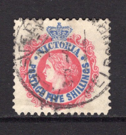 AUSTRALIAN STATES - VICTORIA - 1905 - QV ISSUE: 5/- rose red and ultramarine QV issue, watermark 'Crown over A', perf 11, a very fine cds used copy. (SG 443)  (AUS/39984)