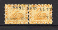 AUSTRALIAN STATES - WESTERN AUSTRALIA - 1882 - CANCELLATION & MARITIME: 1d yellow ochre 'Swan' issue watermark 'Crown CA' sideways, a pair used with two strikes of straight line LOOSE SHIP LETTER cancel in black. (SG 76)  (AUS/40069)