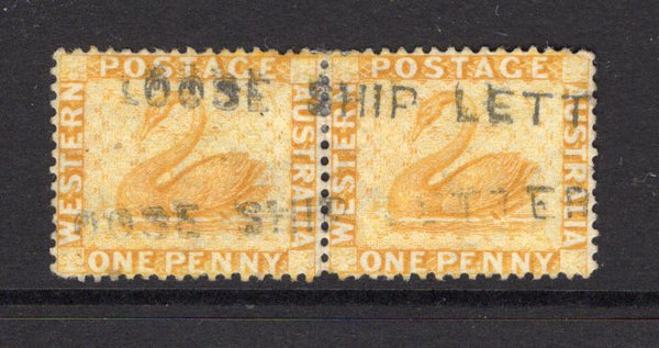 AUSTRALIAN STATES - WESTERN AUSTRALIA - 1882 - CANCELLATION & MARITIME: 1d yellow ochre 'Swan' issue watermark 'Crown CA' sideways, a pair used with two strikes of straight line LOOSE SHIP LETTER cancel in black. (SG 76)  (AUS/40069)