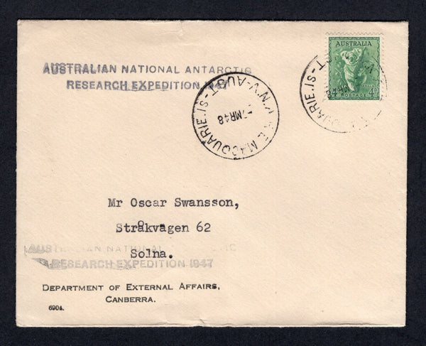 AUSTRALIAN ANTARCTIC TERRITORY - 1948 - OFFICIAL MAIL: Printed 'Department of External Affairs Canberra' OFFICIAL ENVELOPE franked with single 1937 4d green (SG 188) tied by A.N.A.R.E. MACQUARIE IS cds dated 7 MAR 1948 with two strikes of two line 'AUSTRALIAN NATIONAL ANTARCTIC RESEARCH EXPEDITION 1947' cachet in black on front. Addressed to SWEDEN.  (AUS/40675)