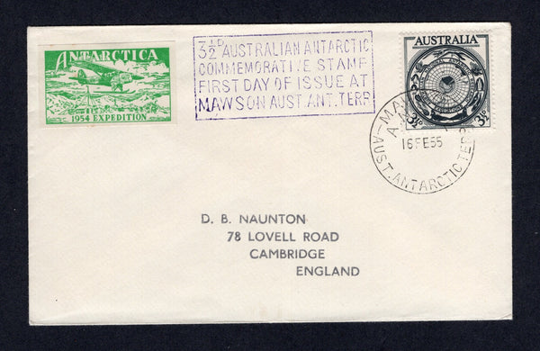 AUSTRALIAN ANTARCTIC TERRITORY - 1955 - CINDERELLA: Cover franked with 1954 3½d black (SG 279) tied by MAWSON A.N.A.R.E. cds dated 16 FE 1955 with boxed '3½d AUSTRALIAN ANTARCTIC COMMEMORTAIVE STAMO FIRST DAY OF ISSUE AT MAWSON AUST. ANT. TERR.' cachet in purple with fine imperf green 'Airplane' CINDERELLA label inscribed 'Antarctica 1954 Expedition' attached on front. Addressed to UK.  (AUS/40676)