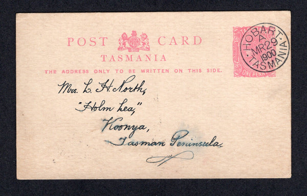 AUSTRALIAN STATES - TASMANIA - 1900 - POSTAL STATIONERY: 1d pink on white 'QV' postal stationery card (H&G 7a) used with HOBART cds dated MR 29 1900. Addressed to 'KOONYA, TASMANIAN PENINSULA' with KOONYA arrival cds on reverse.  (AUS/41522)