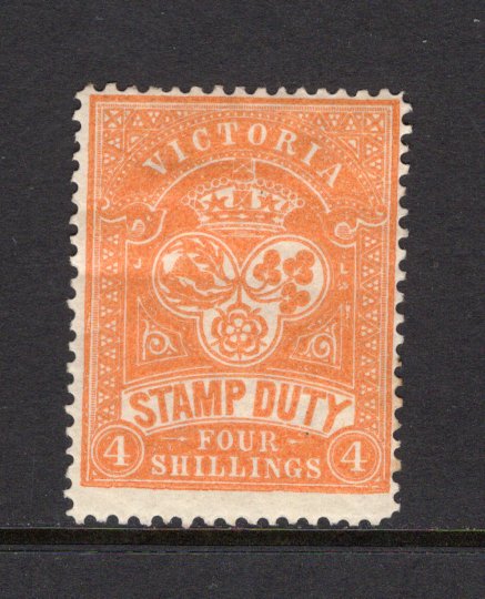 AUSTRALIAN STATES - VICTORIA - 1896 - QV ISSUE: 4/- orange 'Stamp Duty' issue, a fine mint copy with full O.G. (SG 346)  (AUS/41562)