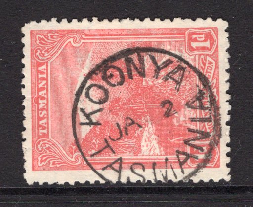 AUSTRALIAN STATES - TASMANIA - 1905 - CANCELLATION: 1d rose red 'Pictorial' issue used with good strike of KOONYA cds dated JA 2 but without year slug. Rated 'R' in Campbell & Purves. (SG 250)  (AUS/9068)