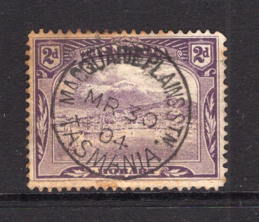 AUSTRALIAN STATES - TASMANIA - 1902 - CANCELLATION: 2d purple 'Pictorial' issue used with complete strike of MACQUARIE PLAINS STATION cds dated MR 30 1904. Rated 'R' in Campbell & Purves. Stamp has small faults. (SG 239)  (AUS/9074)