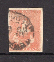 AUSTRALIAN STATES - VICTORIA - 1854 - CLASSIC ISSUES: 1d orange red 'Half Length' issue 'J S Campbell & Co.' printing on good quality wove paper. A good used copy with four margins. Thinned on reverse. (SG 23)  (AUS/9101)