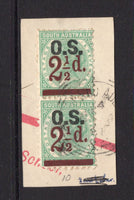 AUSTRALIAN STATES - SOUTH AUSTRALIA - 1891 - VARIETY & OFFICIAL ISSUE: 2½d on 4d deep green QV issue, a fine used pair tied on piece by ADELAIDE cds with bottom stamp showing variety '2 AND ½ CLOSER TOGETHER'. (SG O51 & O51a)  (AUS/9140)