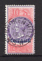 AUSTRALIAN STATES - NEW SOUTH WALES - 1894 - HIGH VALUES: 10/- violet & claret QV 'Tall Type' with 'POSTAGE' overprint in blue, perf 12 x 11. A fine used copy with central BROKEN HILL cds dated JUN 4 1900. Superb. (SG 275b)  (AUS/9155)