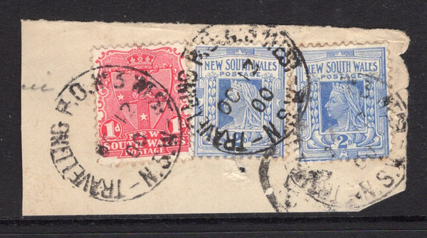 AUSTRALIAN STATES - NEW SOUTH WALES - 1900 - TRAVELLING POST OFFICES: 1d scarlet & 2 x 2d ultramarine QV issue all tied on piece by two fine strikes of TRAVELLING P.O. No. 3 WEST cds dated OCT 13 1900. (SG 300 & 294)  (AUS/9162)