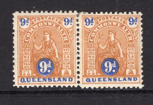 AUSTRALIAN STATES - QUEENSLAND - 1906 - VARIETY: 9d pale brown & blue QV issue a fine mint pair showing both inscription types A & B. Scarce as only three pairs existed on each sheet. (SG 282/283)  (AUS/9190)