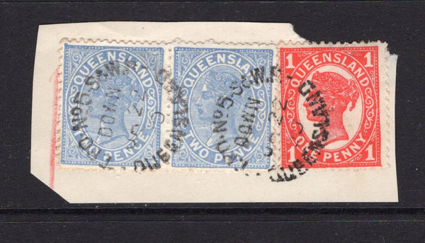 AUSTRALIAN STATES - QUEENSLAND - 1900 - TRAVELLING POST OFFICES: 1d vermilion & pair 2d blue QV issue tied on piece by two fine strikes of T.P.O. No. 5 S & W R DOWN cds dated JAN 22 1900. (SG 233 & 189)  (AUS/9192)