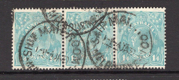 AUSTRALIA - 1926 - MULTIPLE: 1/4 turquoise green 'GV Head' issue a fine used strip of three with SHIP MAIL ROOM MELBOURNE cds's. (SG 104)  (AUS/9502)