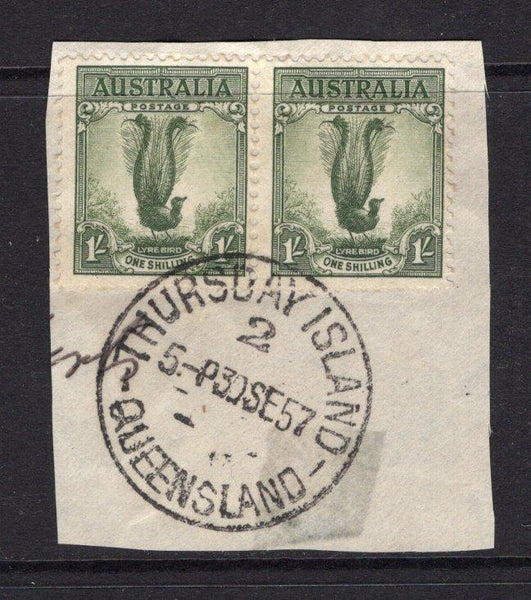 AUSTRALIA - 1957 - CANCELLATION & ISLAND MAIL: 1/- grey green 'Lyre Bird' issue a fine used pair tied on small piece by fine THURSDAY ISLAND 2 QUEENSLAND cds dated 30 SEP 1957. (SG 192)  (AUS/9530)