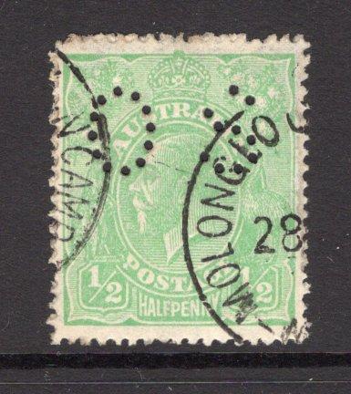 AUSTRALIA - 1918 - OFFICIAL ISSUE & CANCELLATION: ½d green 'GV Head' issue with 'O.S.' official PERFIN used with good part strike of MOLONGLO CONCENTRATION CAMP cds. Scarce. (SG O61)  (AUS/9537)